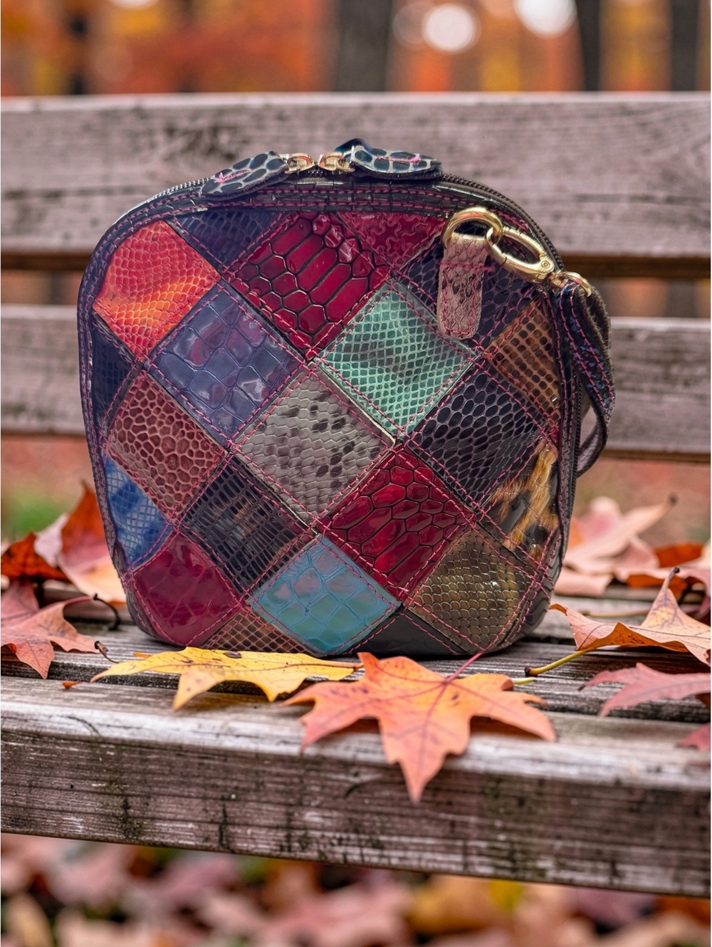 Sondra Roberts Leather Patchwork Crossbody Purse Multicolor Leaf Boho Y2K 9 - Picture 2 of 7